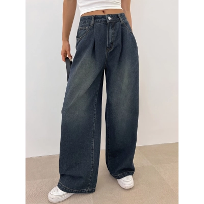 Wash Pleated Loose Straight Leg Jeans 01