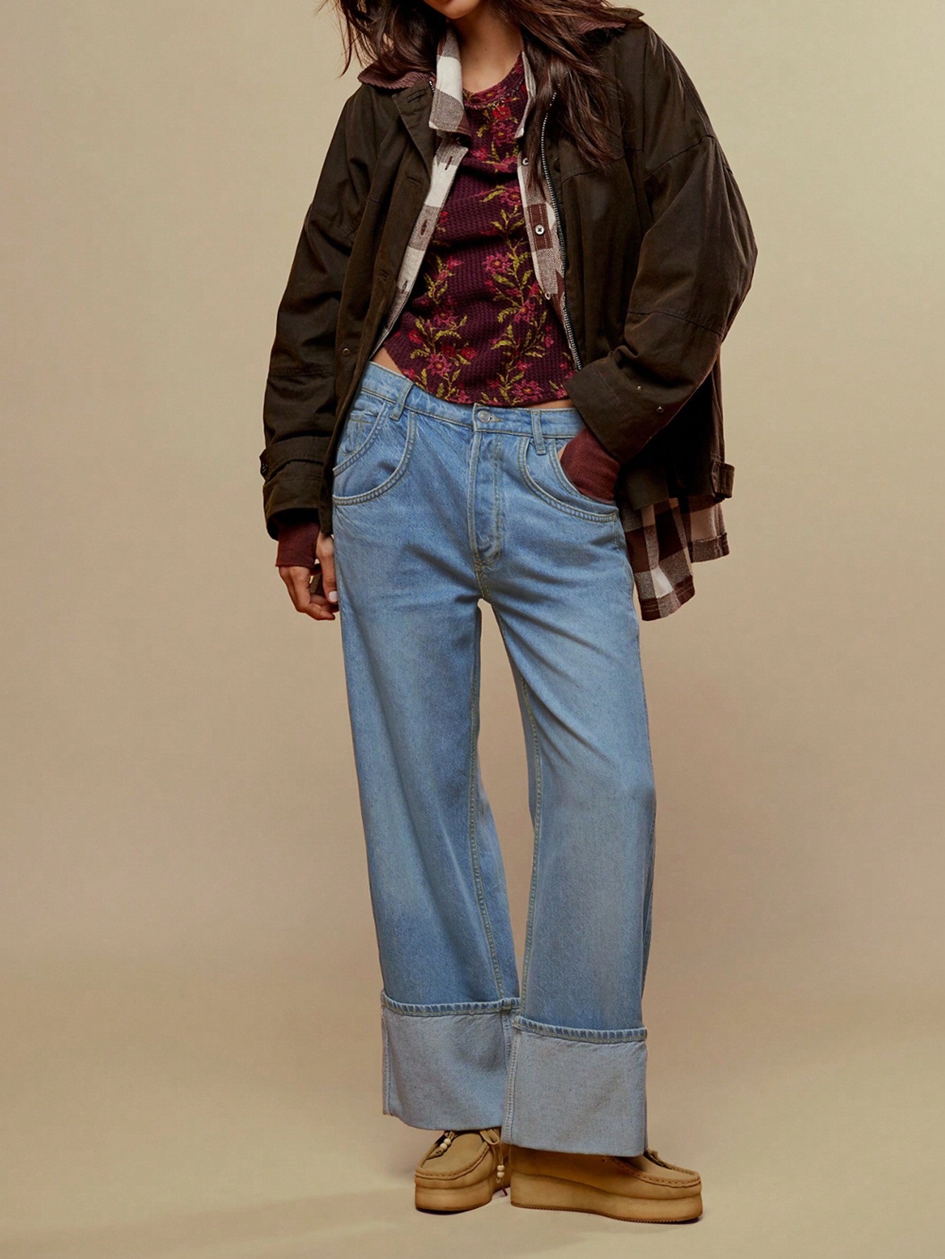 Design Inspired Jeans, Casual Rolled Edge Wide Leg Pants