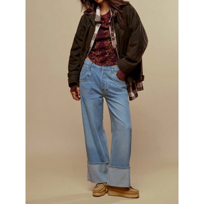 Design Inspired Jeans, Casual Rolled Edge Wide Leg Pants 02