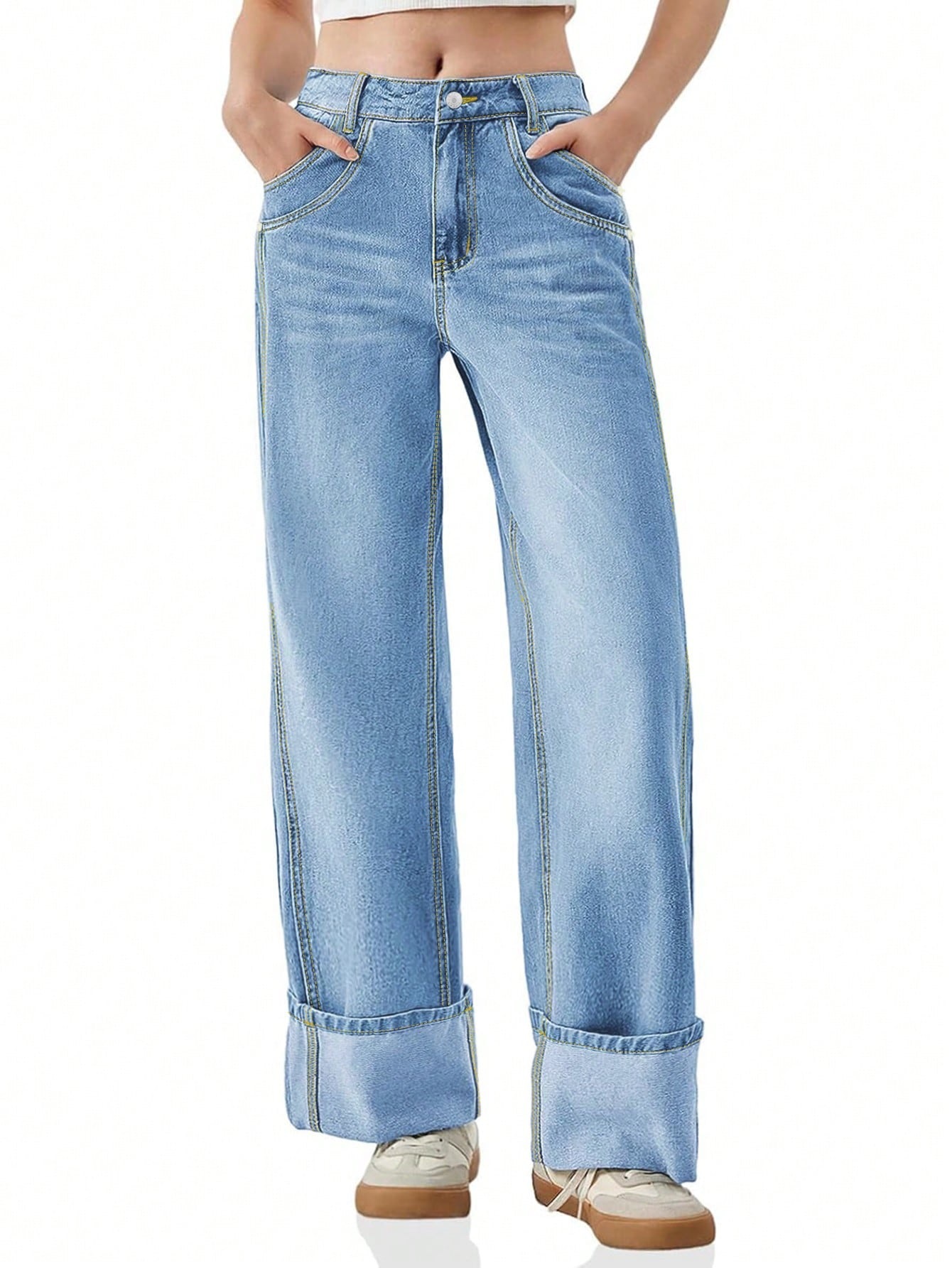 Design Inspired Jeans, Casual Rolled Edge Wide Leg Pants