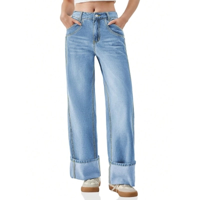 Design Inspired Jeans, Casual Rolled Edge Wide Leg Pants 01