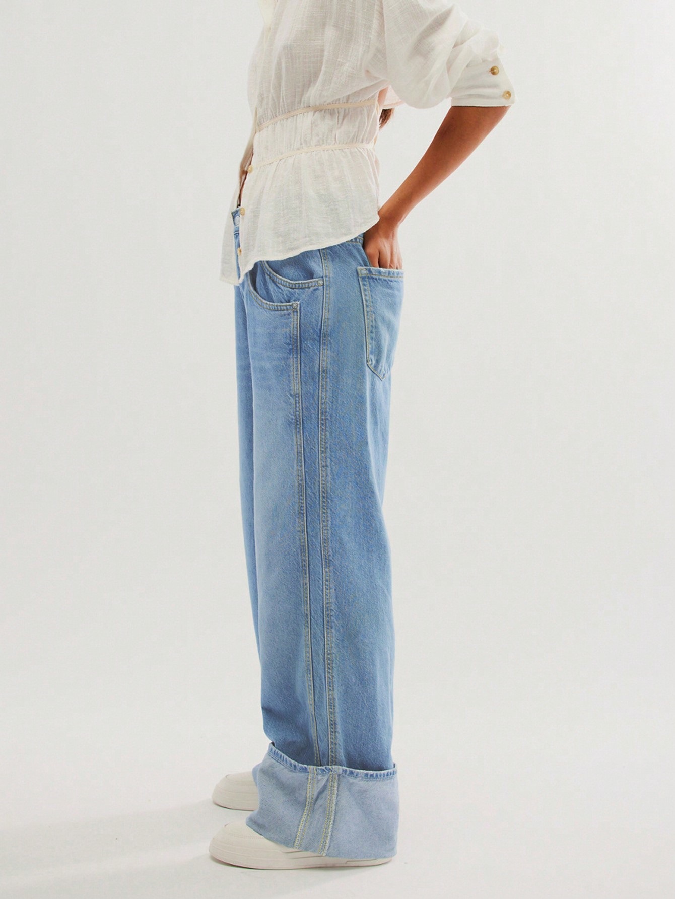 Design Inspired Jeans, Casual Rolled Edge Wide Leg Pants