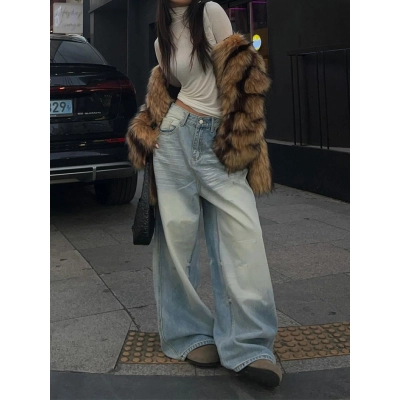 Light Blue Ripped Loose Wide Leg Straight Leg Jeans 01