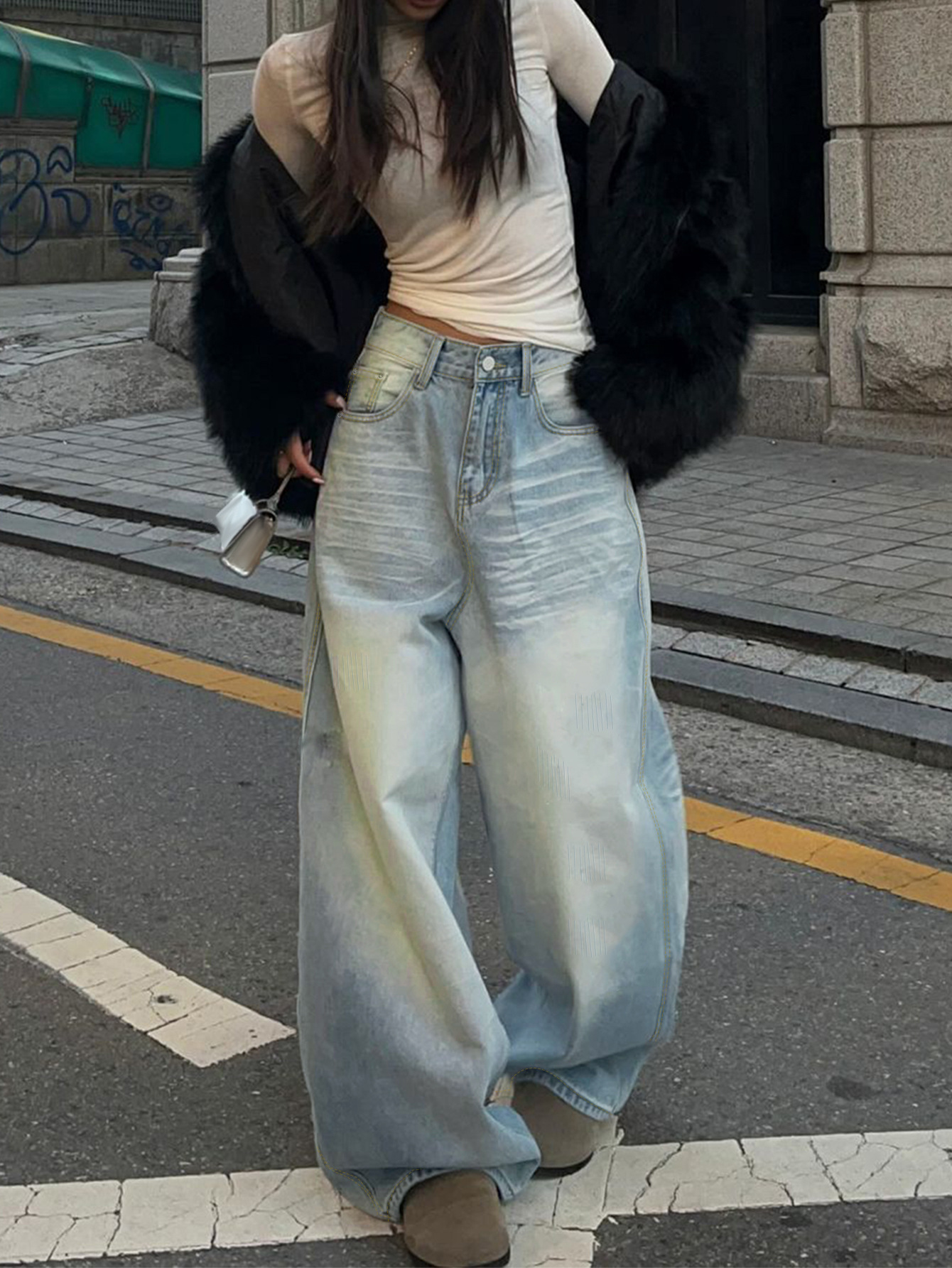 Light Blue Ripped Loose Wide Leg Straight Leg Jeans