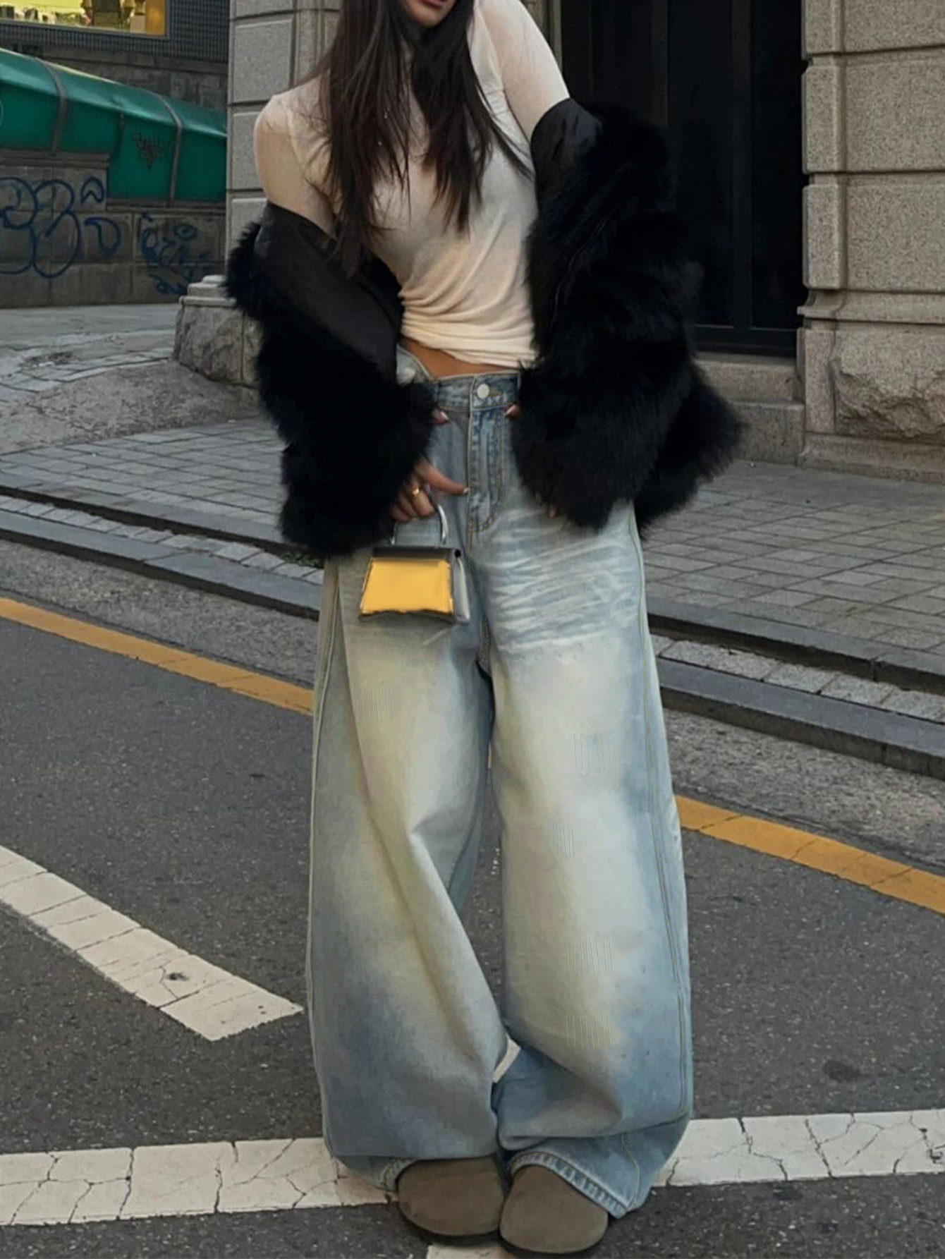 Light Blue Ripped Loose Wide Leg Straight Leg Jeans