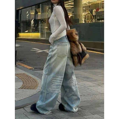 Light Blue Ripped Loose Wide Leg Straight Leg Jeans 02