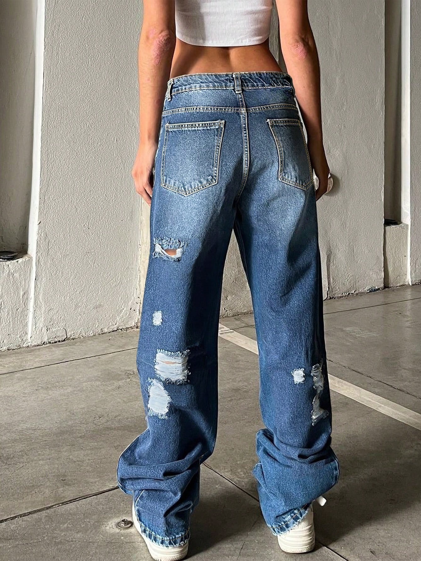 Ripped Jeans Blue Retro Floor Length Pants