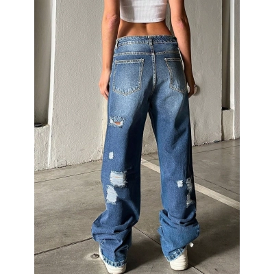 Ripped Jeans Blue Retro Floor Length Pants 02
