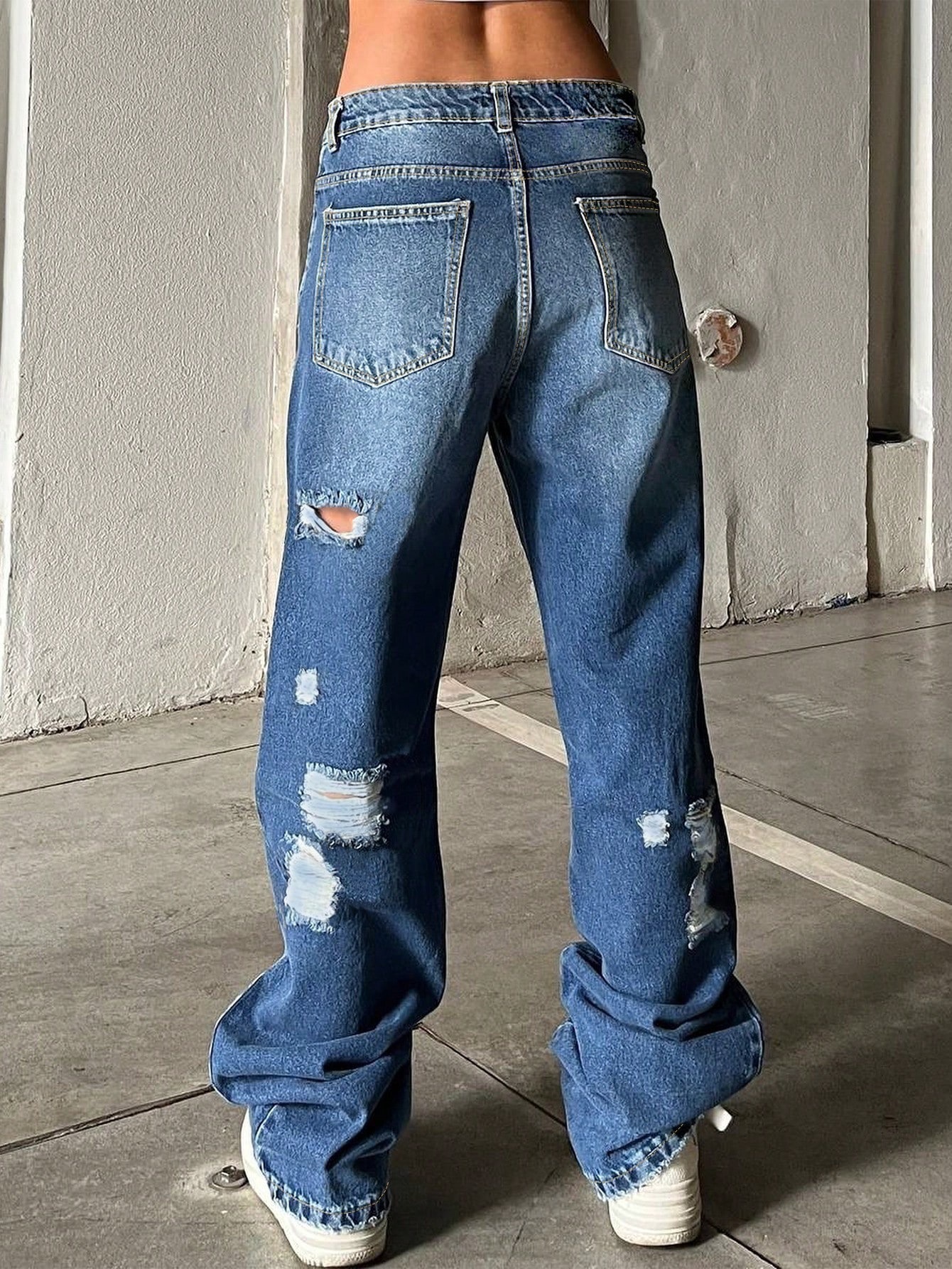 Ripped Jeans Blue Retro Floor Length Pants