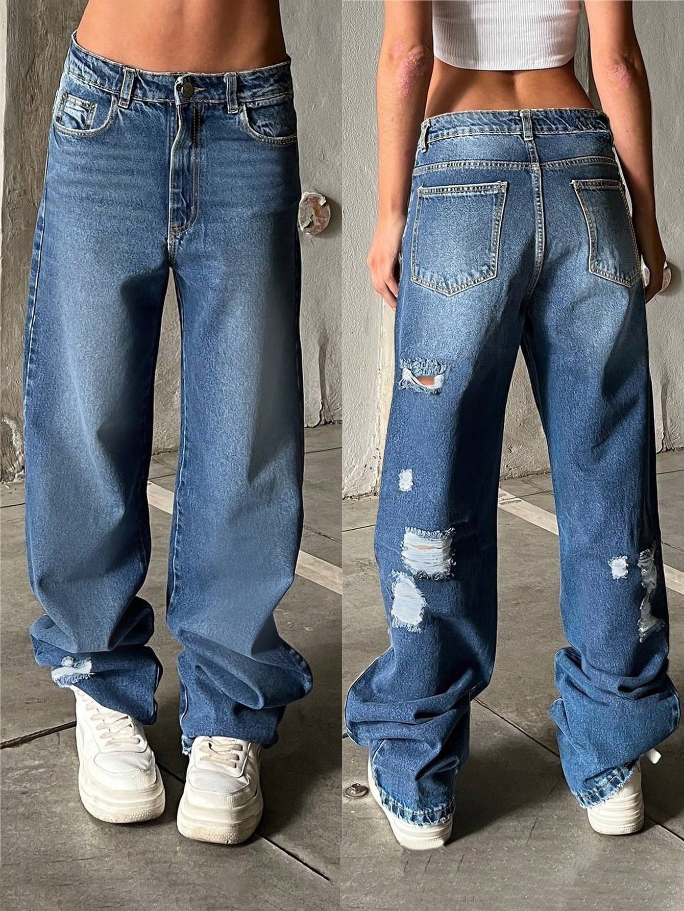 Ripped Jeans Blue Retro Floor Length Pants