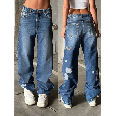 Ripped Jeans Blue Retro Floor Length Pants 01