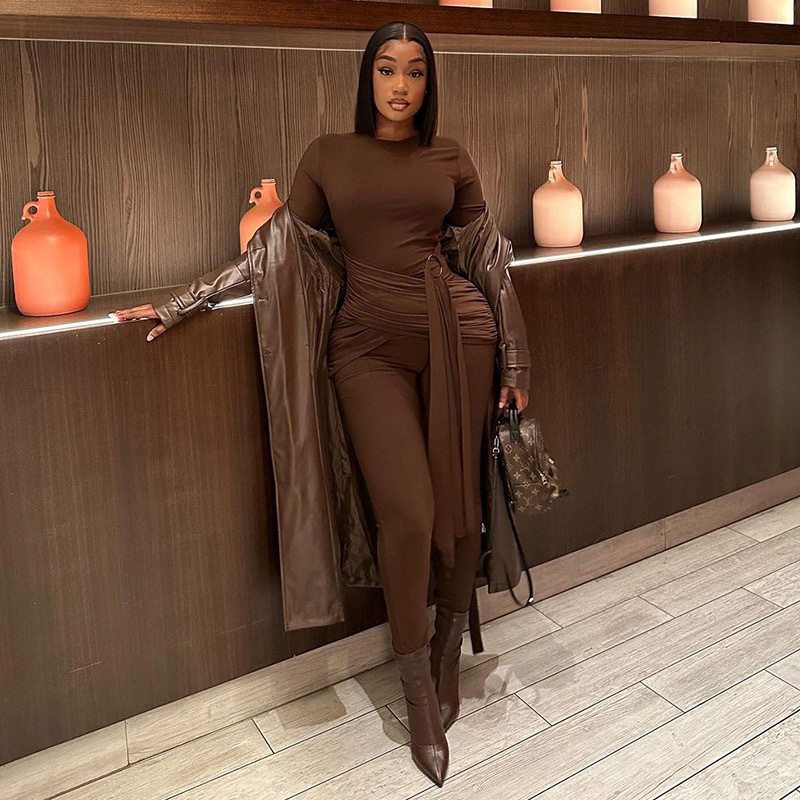  Lace-Up Front Ribbed Bodysuit - Mock Neck Long Sleeve Solid Jumpsuit with Metal Grommets