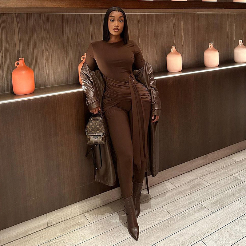  Lace-Up Front Ribbed Bodysuit - Mock Neck Long Sleeve Solid Jumpsuit with Metal Grommets