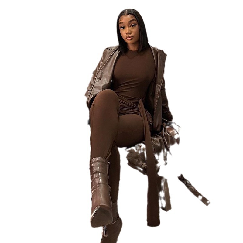  Lace-Up Front Ribbed Bodysuit - Mock Neck Long Sleeve Solid Jumpsuit with Metal Grommets