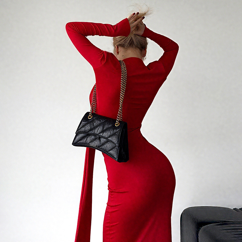 Women's Fall New Arrival Deep V Neck Sexy Long Sleeve Tie-Waist Slim Fit Pencil Dress – Fashionable European & American Style