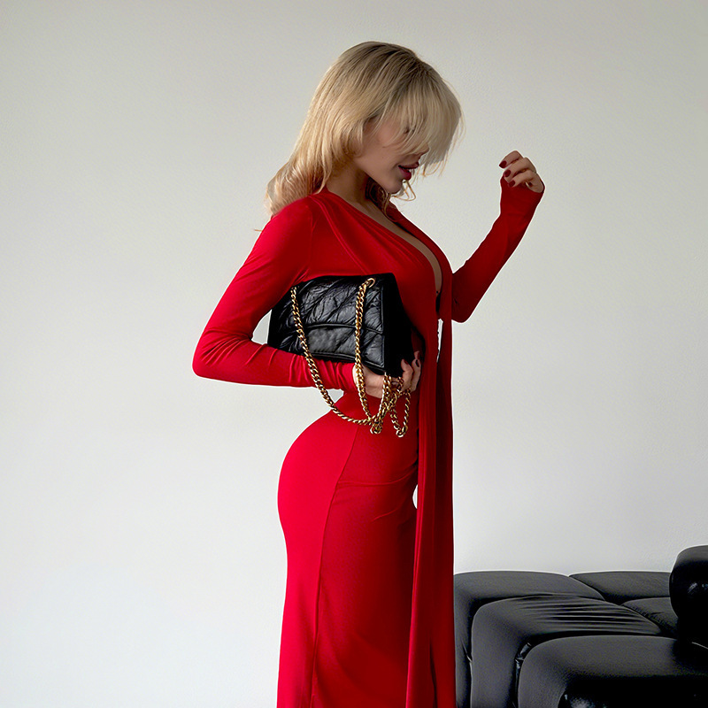 Women's Fall New Arrival Deep V Neck Sexy Long Sleeve Tie-Waist Slim Fit Pencil Dress – Fashionable European & American Style