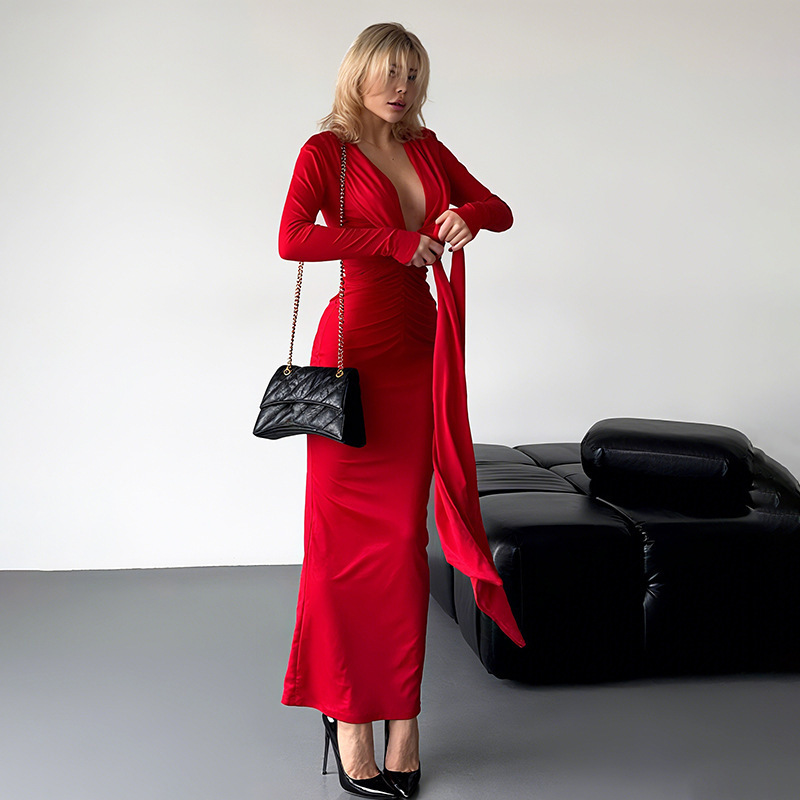 Women's Fall New Arrival Deep V Neck Sexy Long Sleeve Tie-Waist Slim Fit Pencil Dress – Fashionable European & American Style