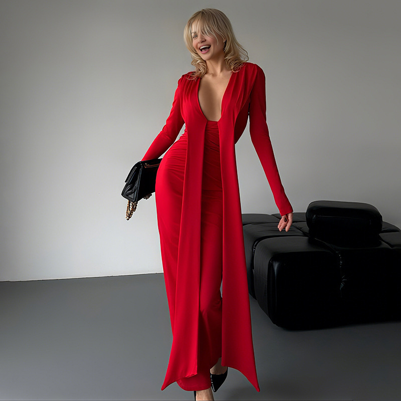 Women's Fall New Arrival Deep V Neck Sexy Long Sleeve Tie-Waist Slim Fit Pencil Dress – Fashionable European & American Style