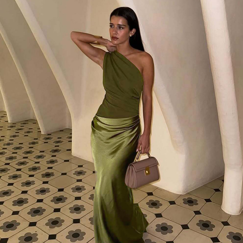 2025Women's New Fashion One-Shoulder Asymmetrical Ruched Bodycon Long Dress