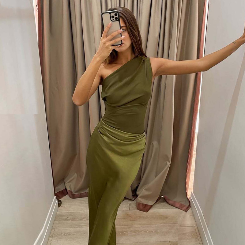 2025Women's New Fashion One-Shoulder Asymmetrical Ruched Bodycon Long Dress