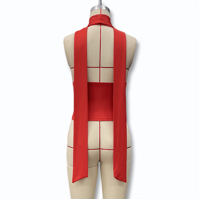  Halter Neck Tie-Front Solid Color Sexy Deep V Backless Slim Fit Strap Top