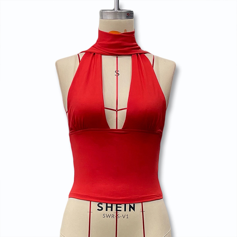  Halter Neck Tie-Front Solid Color Sexy Deep V Backless Slim Fit Strap Top