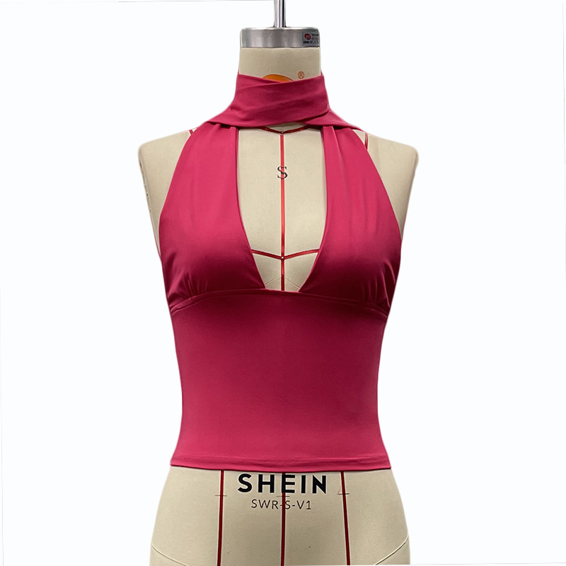  Halter Neck Tie-Front Solid Color Sexy Deep V Backless Slim Fit Strap Top