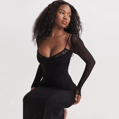 Sexy Deep V-Neck Sheer Long Sleeve Bodycon Slit Midi Dress 02