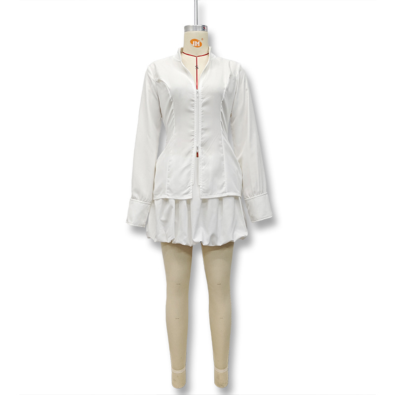 Fashion Solid Color Stand Collar Zipper Slim Fit Long Sleeve Top High Waist Bubble Short Skirt Set