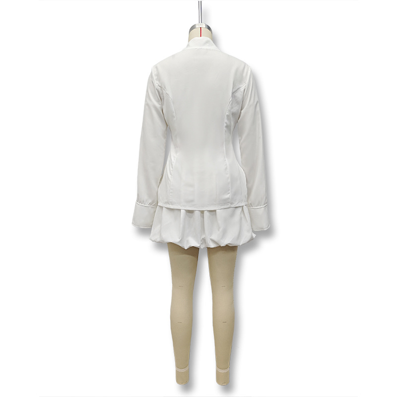 Fashion Solid Color Stand Collar Zipper Slim Fit Long Sleeve Top High Waist Bubble Short Skirt Set