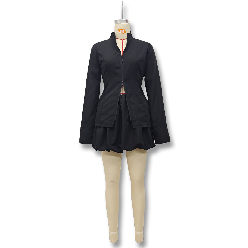 Fashion Solid Color Stand Collar Zipper Slim Fit Long Sleeve Top High Waist Bubble Short Skirt Set