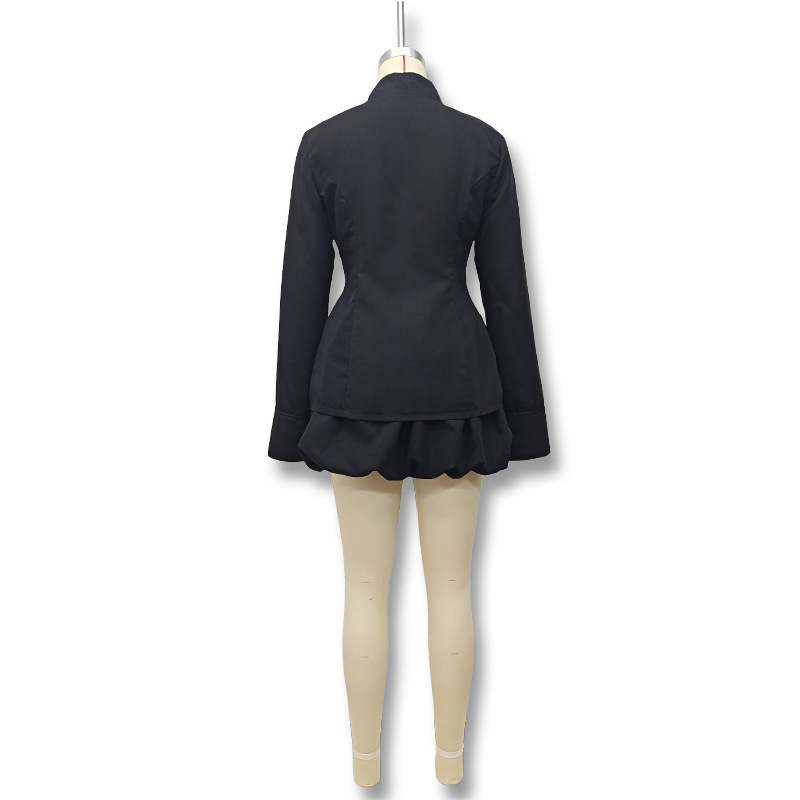 Fashion Solid Color Stand Collar Zipper Slim Fit Long Sleeve Top High Waist Bubble Short Skirt Set