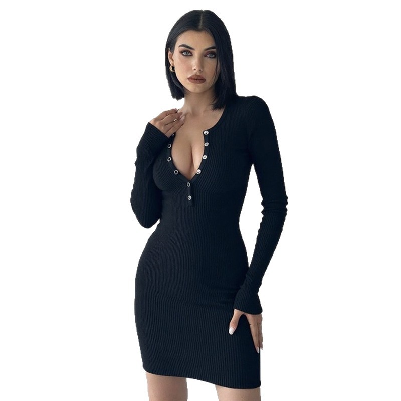 Deep V Elegant Long Sleeve Knitted Short Bodycon Mini Dress
