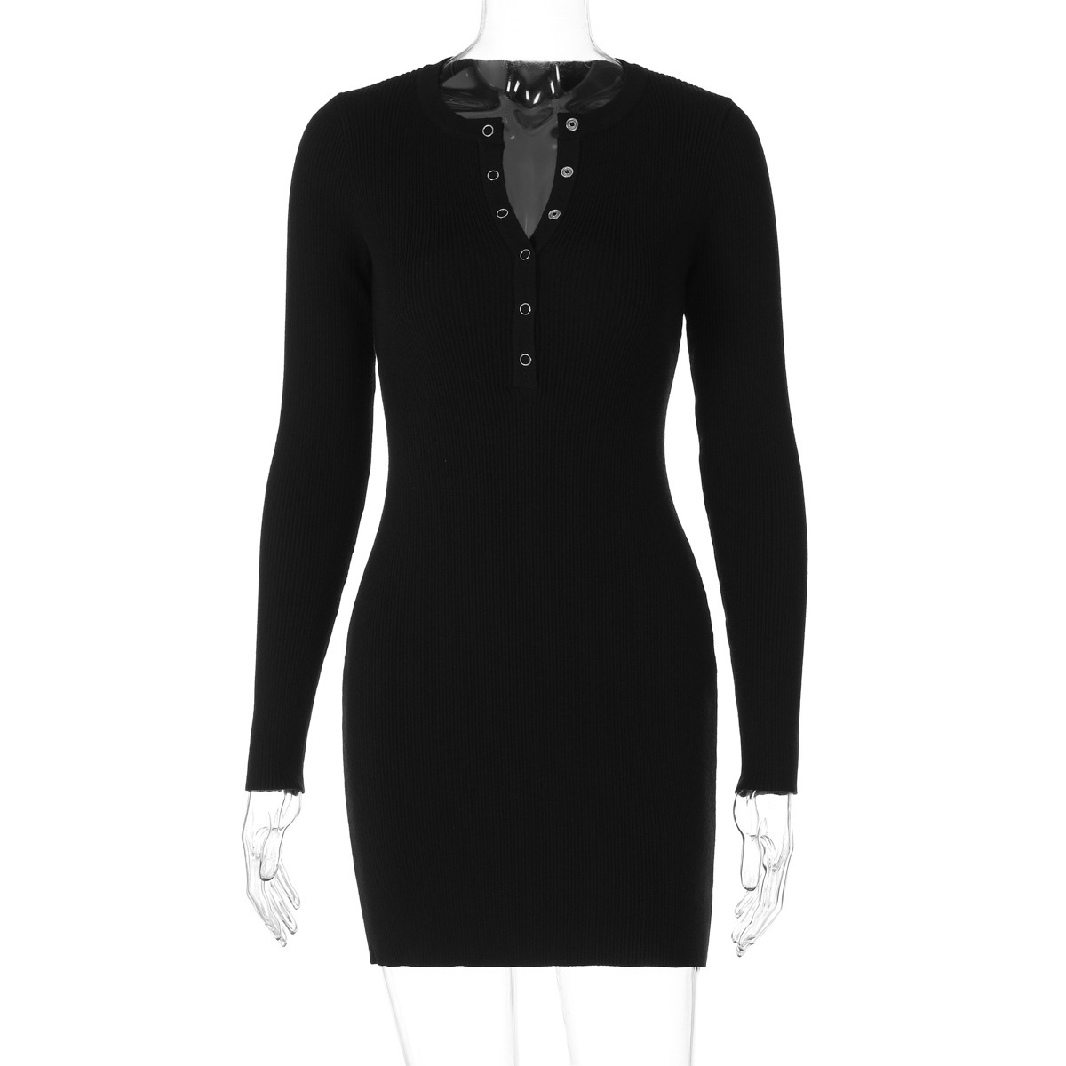 Deep V Elegant Long Sleeve Knitted Short Bodycon Mini Dress