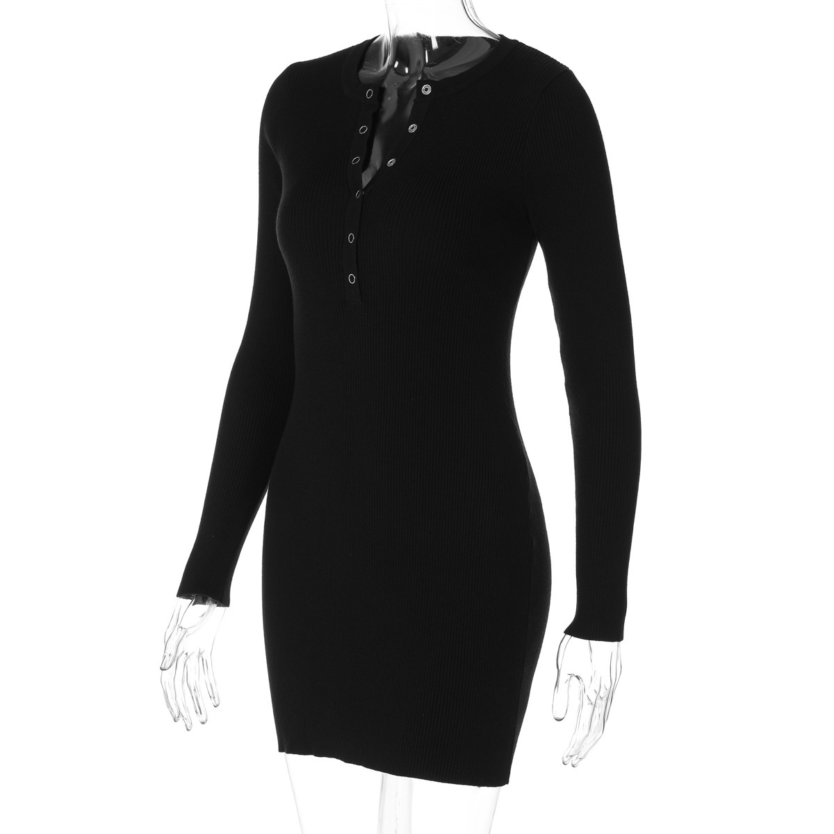 Deep V Elegant Long Sleeve Knitted Short Bodycon Mini Dress