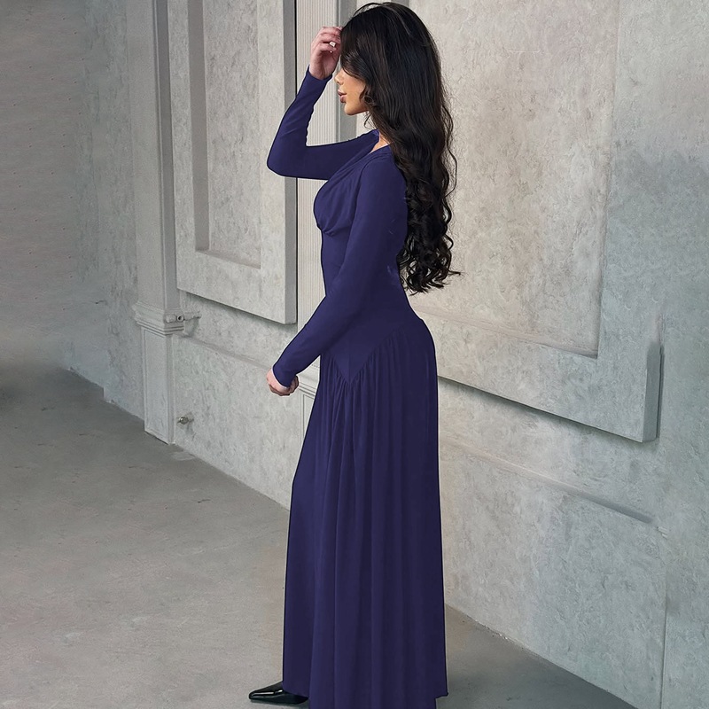 New Solid Color V-Neck Elegant Long Sleeve Slim Fit Waist Cinching Dress