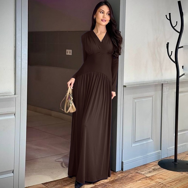 New Solid Color V-Neck Elegant Long Sleeve Slim Fit Waist Cinching Dress
