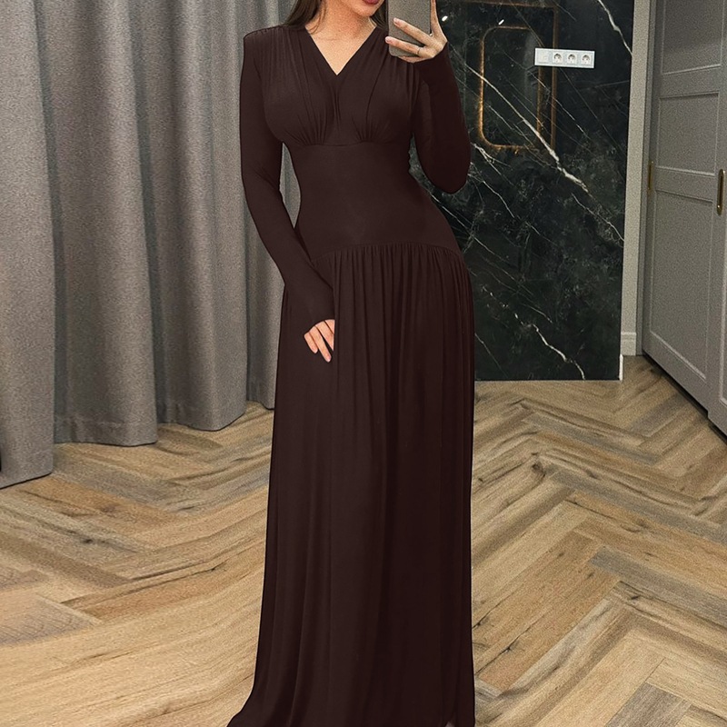 New Solid Color V-Neck Elegant Long Sleeve Slim Fit Waist Cinching Dress