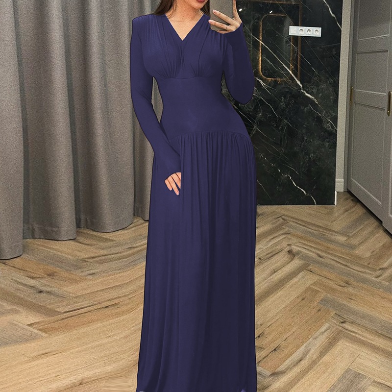 New Solid Color V-Neck Elegant Long Sleeve Slim Fit Waist Cinching Dress