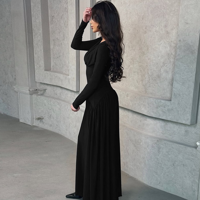 New Solid Color V-Neck Elegant Long Sleeve Slim Fit Waist Cinching Dress
