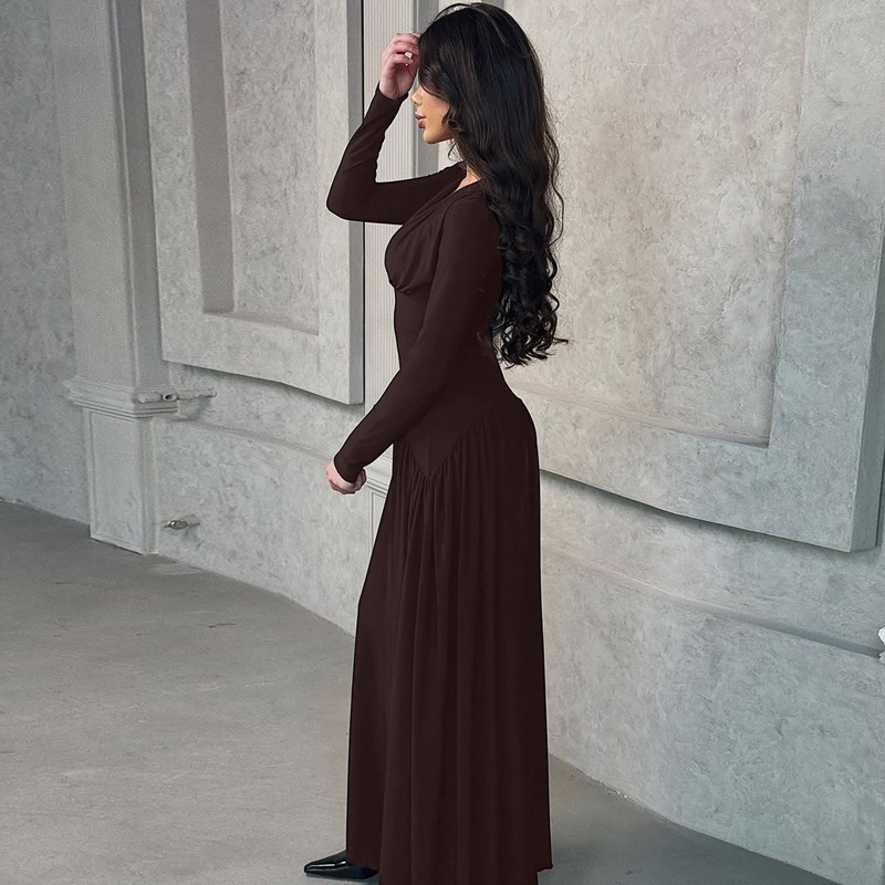 New Solid Color V-Neck Elegant Long Sleeve Slim Fit Waist Cinching Dress