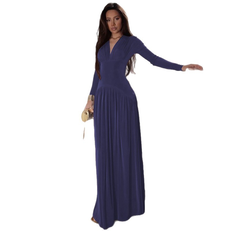 New Solid Color V-Neck Elegant Long Sleeve Slim Fit Waist Cinching Dress