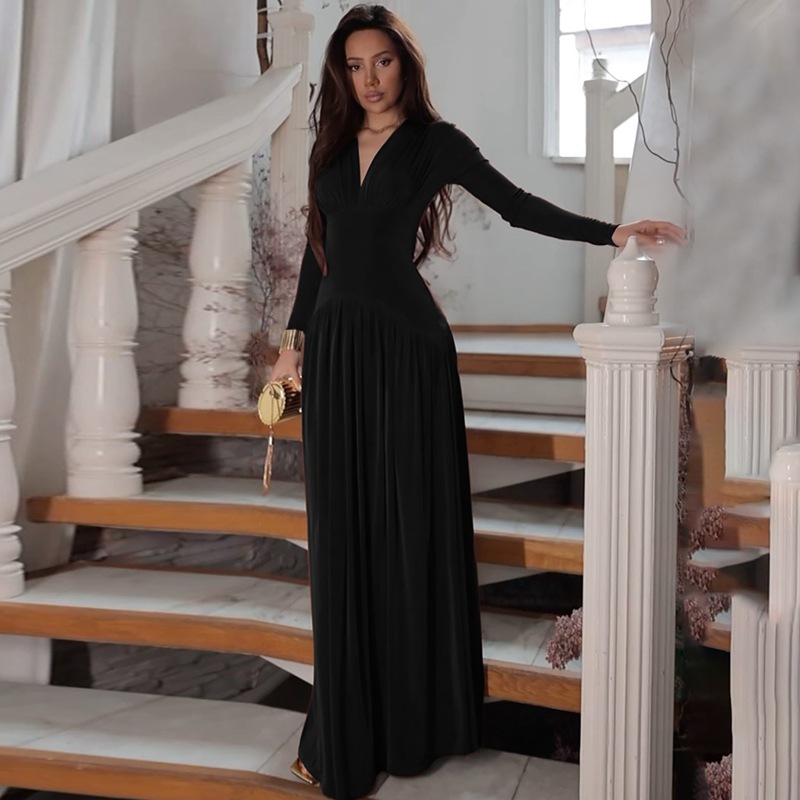 New Solid Color V-Neck Elegant Long Sleeve Slim Fit Waist Cinching Dress