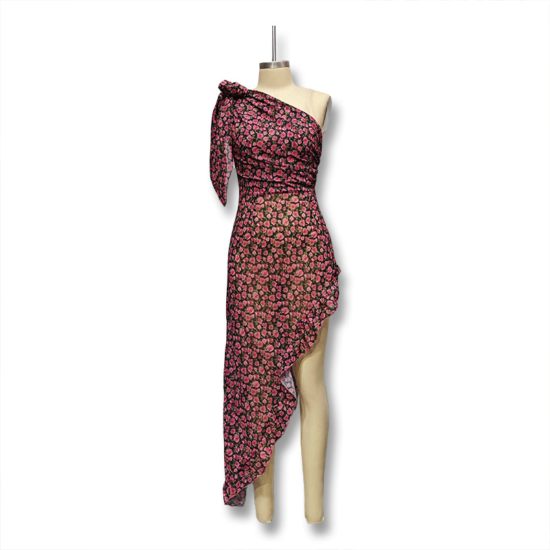 Summer New European & American Style Off-Shoulder Ruffle Hem Printed Asymmetrical Dress