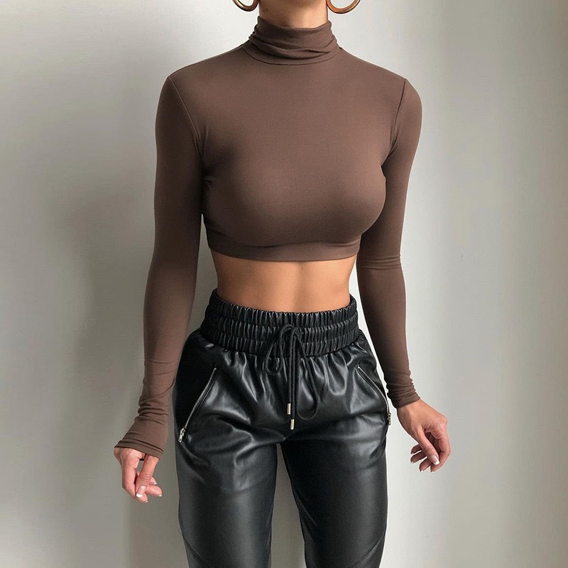 Women's Long Sleeve Crop Top – High Neck Ribbed Thermal Tee