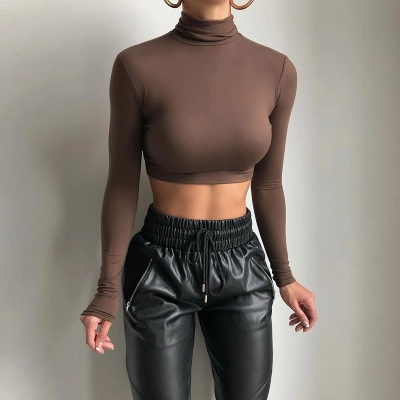 Women's Long Sleeve Crop Top – High Neck Ribbed Thermal Tee 01