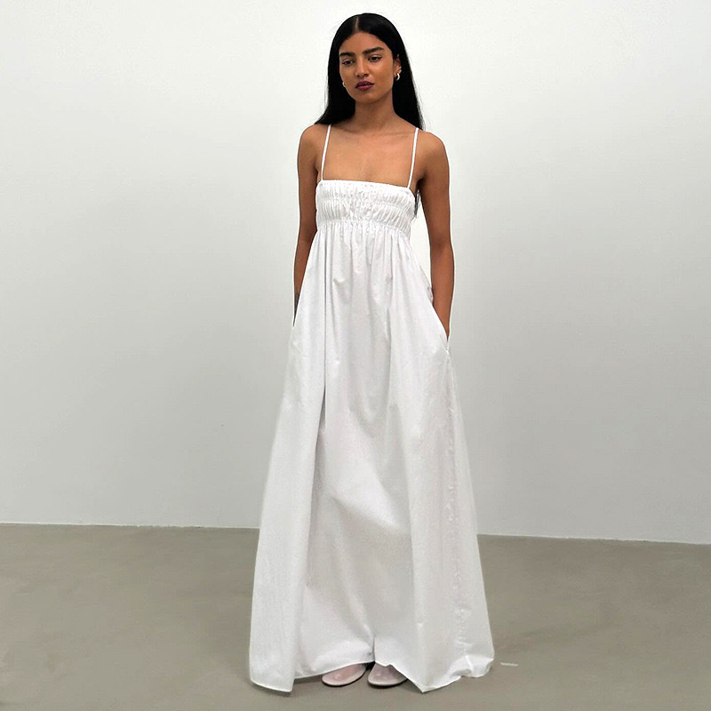 [2025 Summer New] Solid Color Spaghetti Strap Ruched Long Dress 