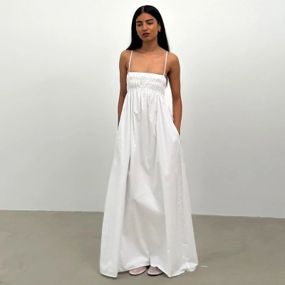 [2025 Summer New] Solid Color Spaghetti Strap Ruched Long Dress  02