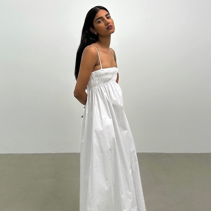 [2025 Summer New] Solid Color Spaghetti Strap Ruched Long Dress 