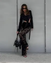 Lace Patchwork Deep V-Long Sleeved Top Slim Fit Perspective Set review Ashley Thompson